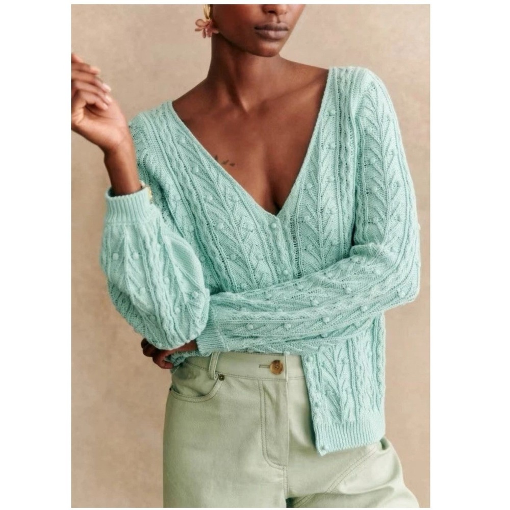 La Maille Sezane Sea Green Cable Knit Cardigan Womens XL Italian Cotton Preppy